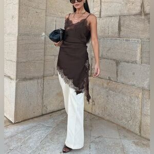 ✨NWT‼️ VIRAL ZARA Asymmetrical Lace Satin Brown Dress